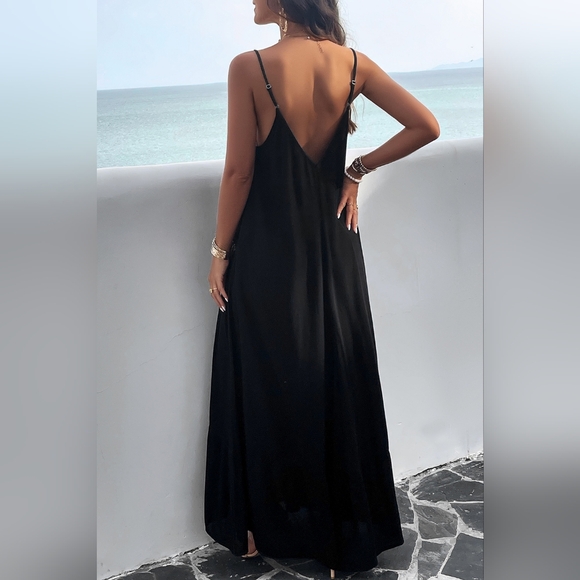 Oversized Pocket Casual Sleeveless V-Neck Low Back Long Summer Maxi Dress - Picture 12 of 16